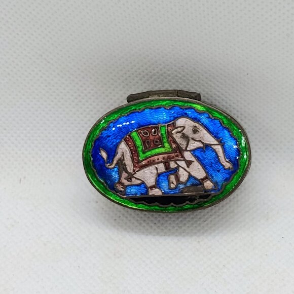 Vtg Silver Cloisonne Enamel Indian Elephant Hinged Pill Snuff Trinket Box - Picture 2 of 10